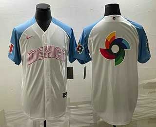 Men%27s Mexico Baseball Big Logo 2023 White Blue World Classic Stitched Jersey2->2023 world baseball classic->MLB Jersey